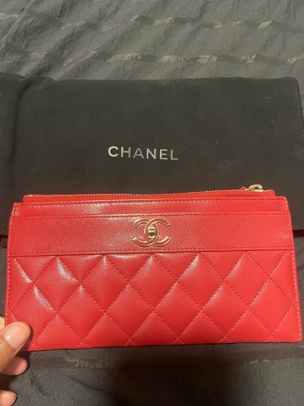 CHANEL Quilted Red Leather Zip Pouch